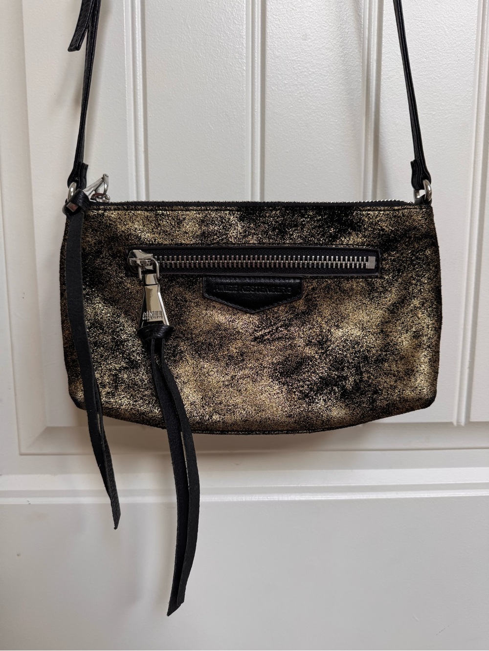 Aimee Kestenberg gold flake black suede leather mini shoulder bag. 9” x 5” x 2”